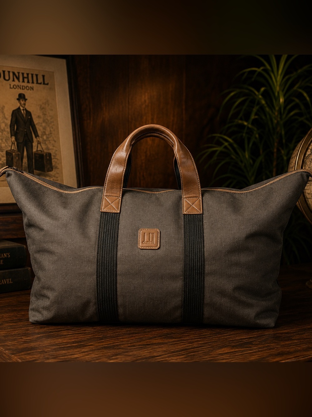 Authentic Vintage Dunhill Herringbone Canvas & Leather Boston Weekender Duffle